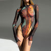 Tie Dye  Long Sleeve See Through Bodysuit